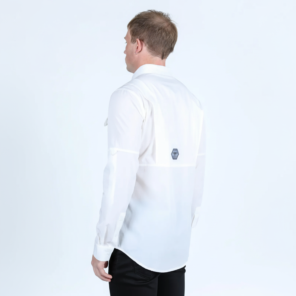 Platini Men’s Fishing White Long Sleeve Shirt back angle view