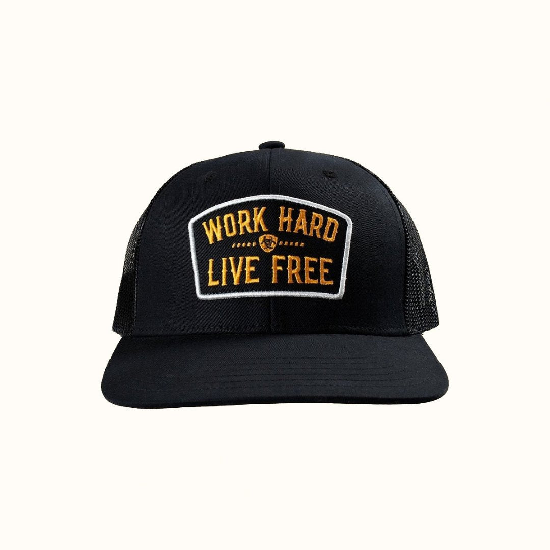 Ariat Work Hard Live Free black trucker cap front view