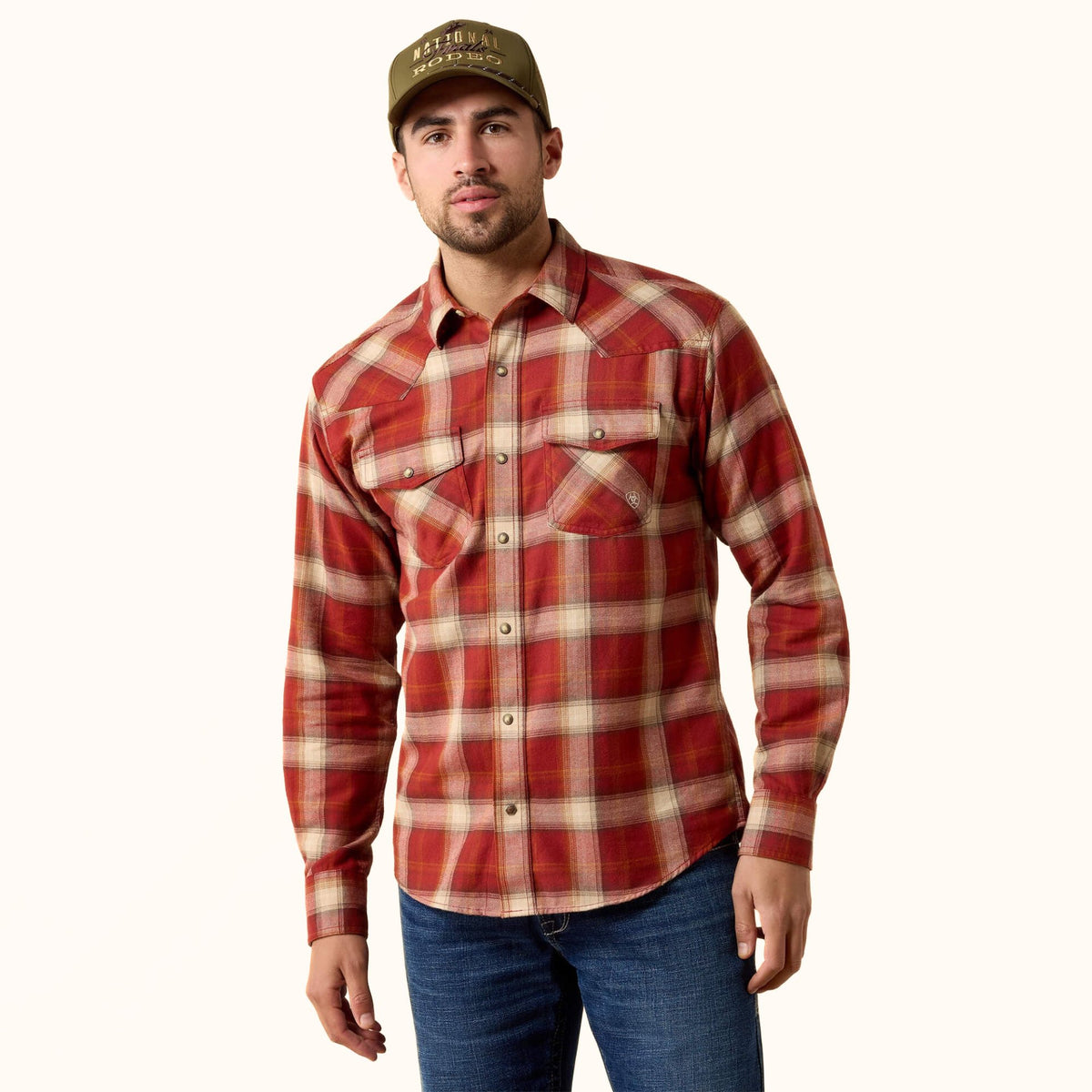 Ariat Retro Hatford Fitted Snap Shirt in red plaid front view