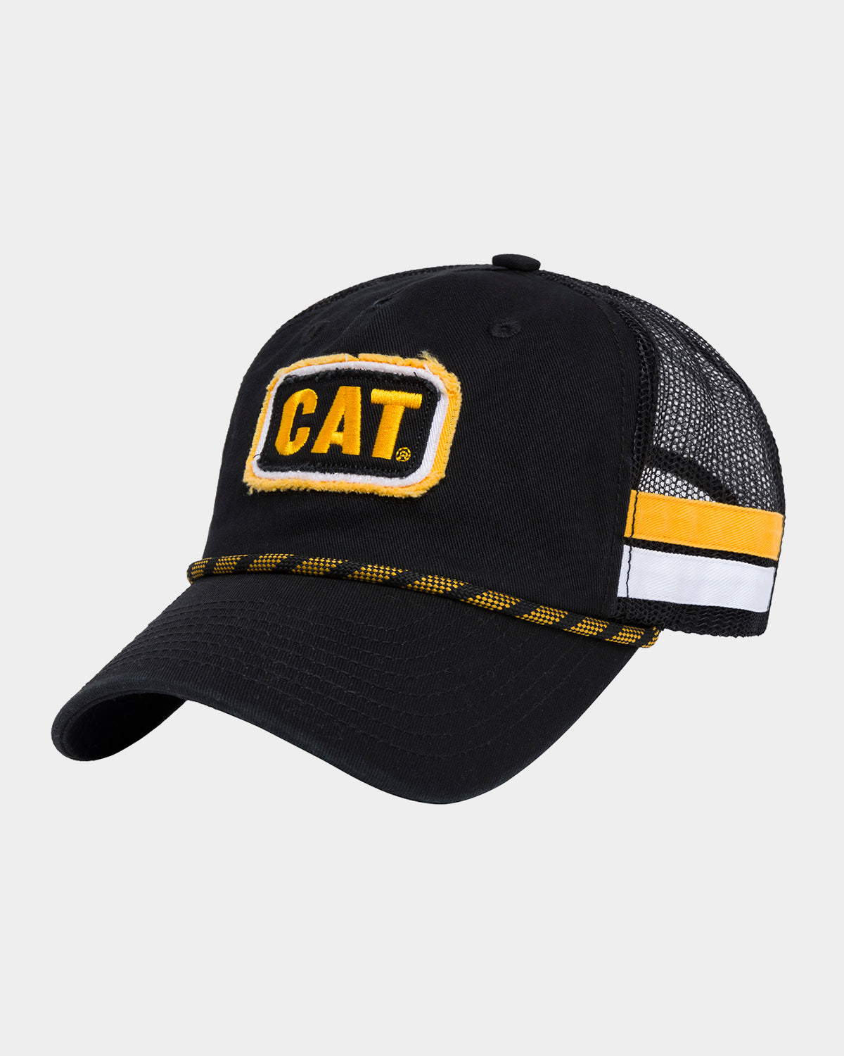 CAT Retro Patch Hat black trucker cap with yellow CAT logo patch