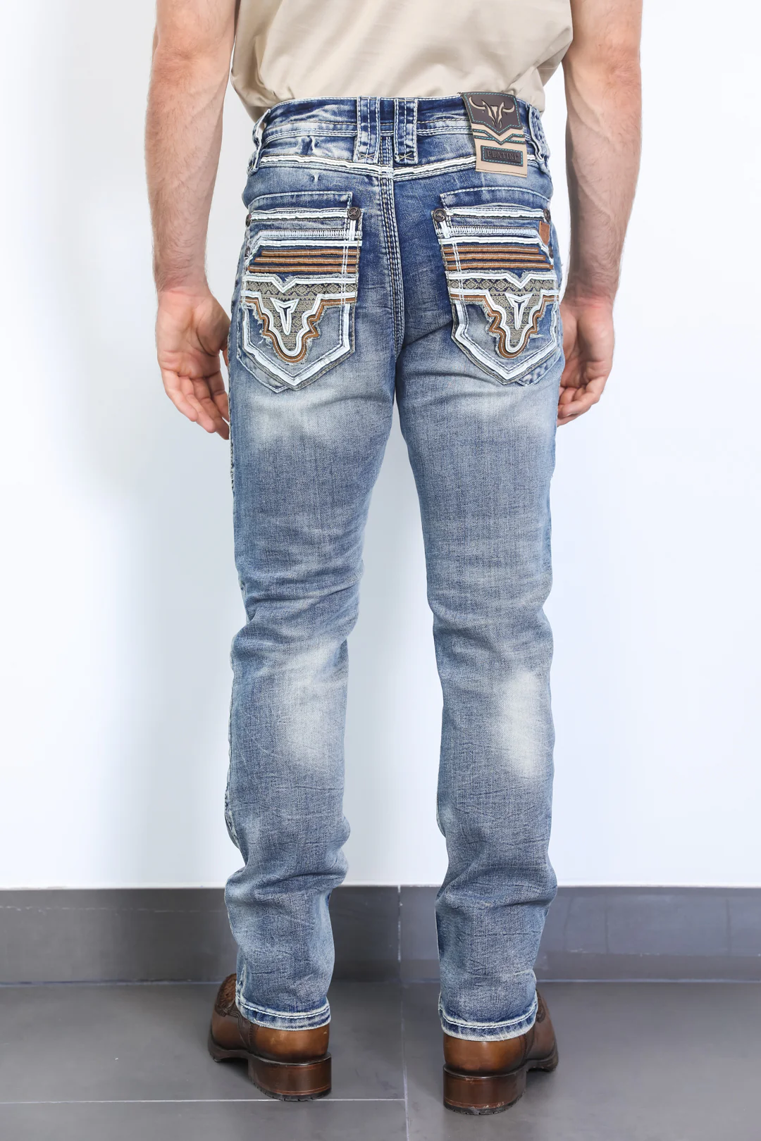 Platini Holt men’s blue slim boot cut jeans rear view