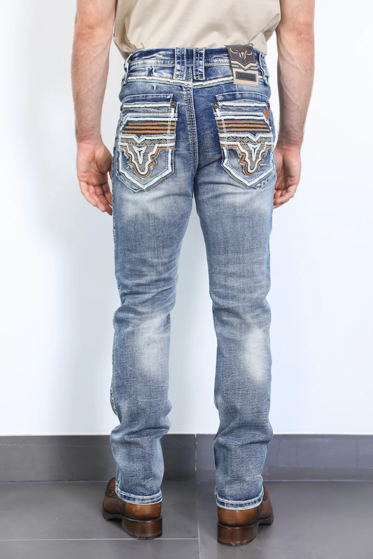 Platini Holt men’s blue slim boot cut jeans rear view