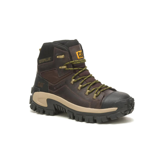 Front angled view of CAT Invader Comp Toe Waterproof Hiker Work Boot in brown