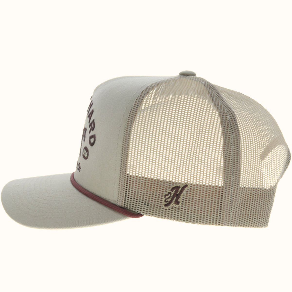 Hooey Buckin’ Hard tan 5-panel trucker hat side view