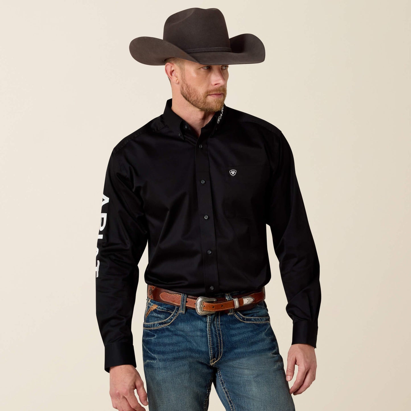 Ariat Team Logo Twill Classic Fit Shirt front view on model in black