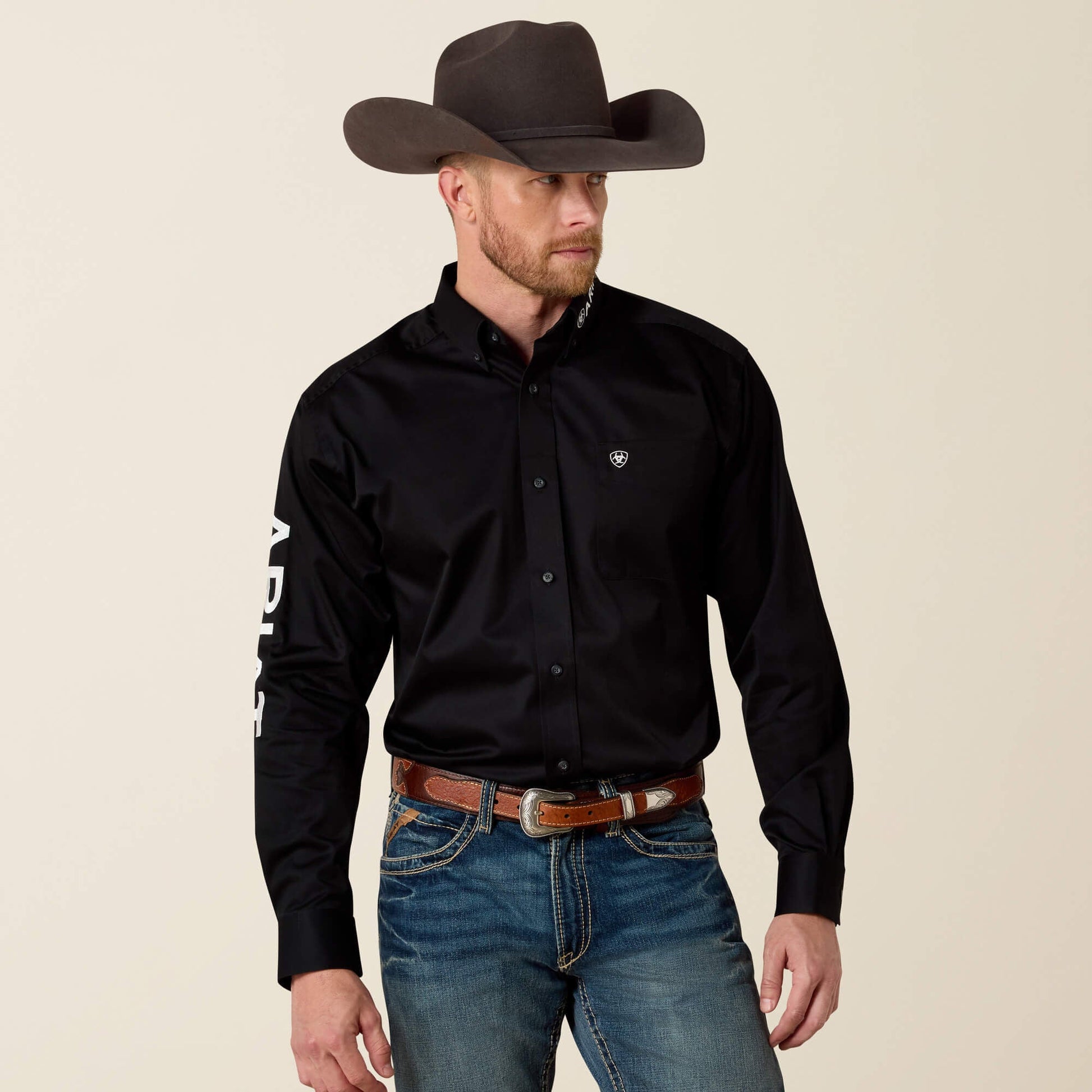 Ariat Team Logo Twill Classic Fit Shirt front view on model in black