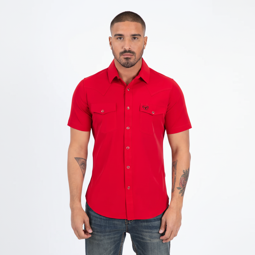 Platini Men’s Performance Western Short Sleeve Red Shirt front view on model
