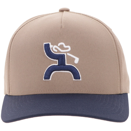 Hooey Classic Tan Blue Golf Logo Hat front view in tan and navy
