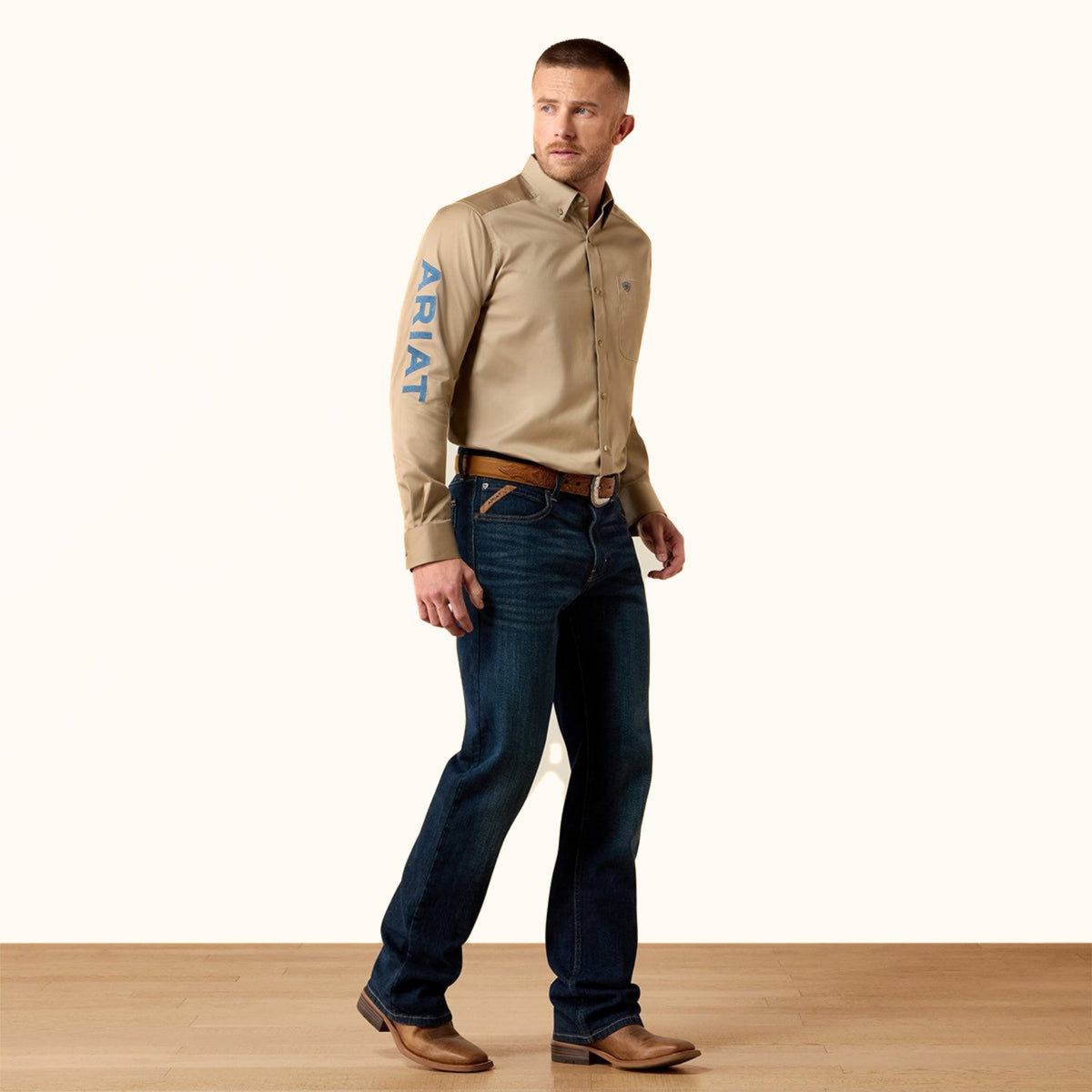 Ariat Team Logo Twill Classic Fit Shirt in Savannah tan front full view