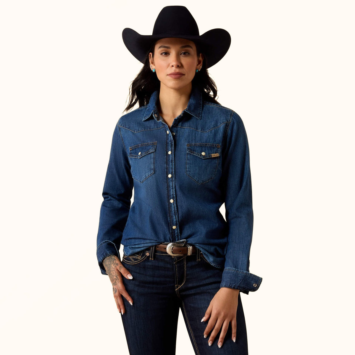 Ariat Farriady Denim Western Snap Shirt women’s front view