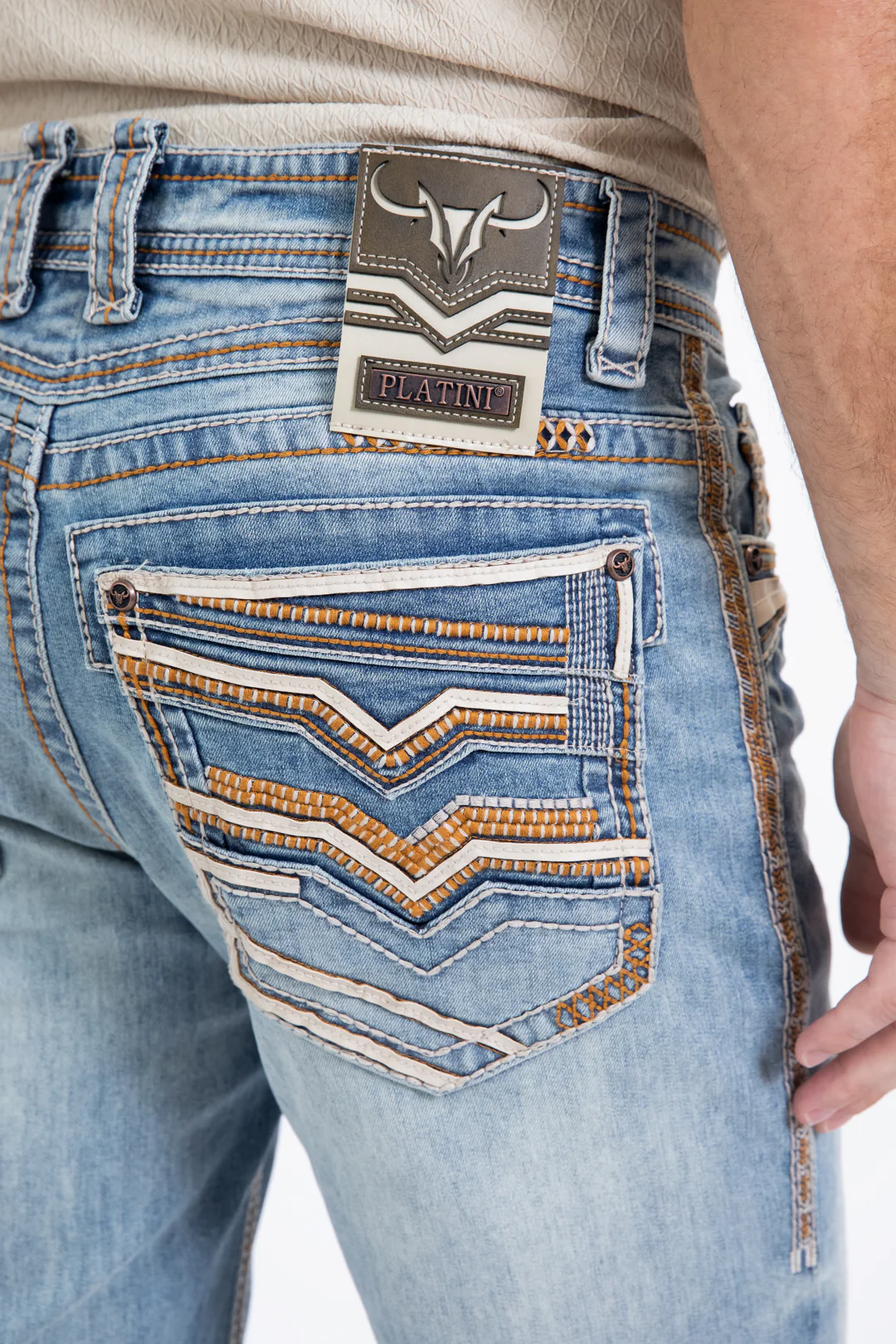 Platini Holt men’s light blue slim boot cut jeans back pocket logo detail