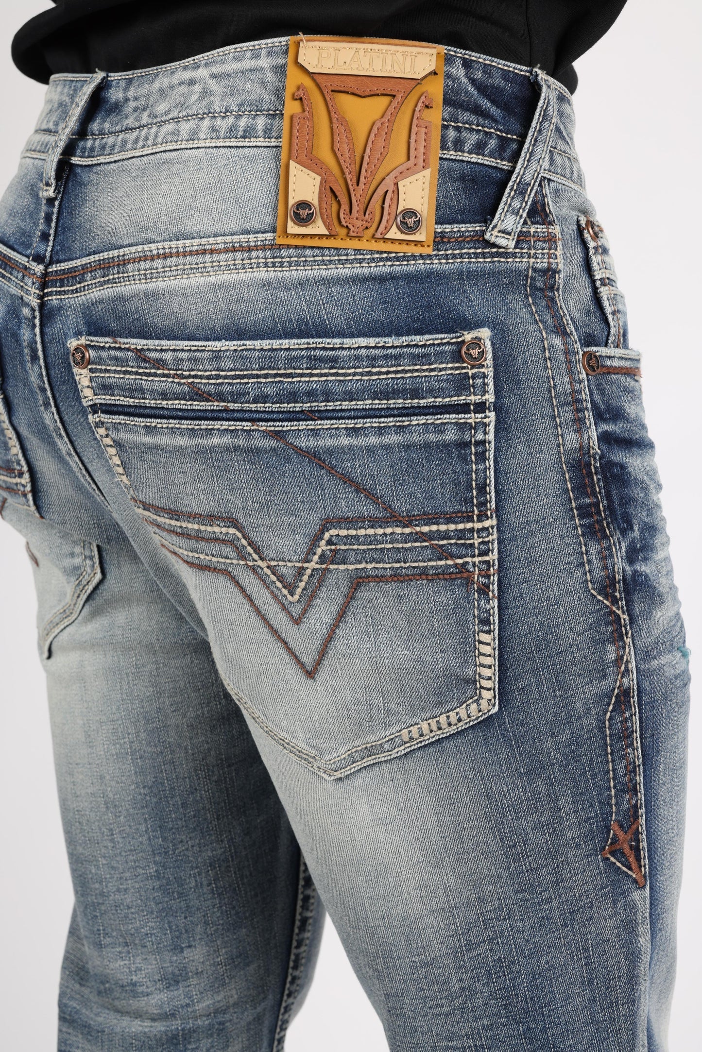 Platini Holt blue boot cut jeans back pocket detail
