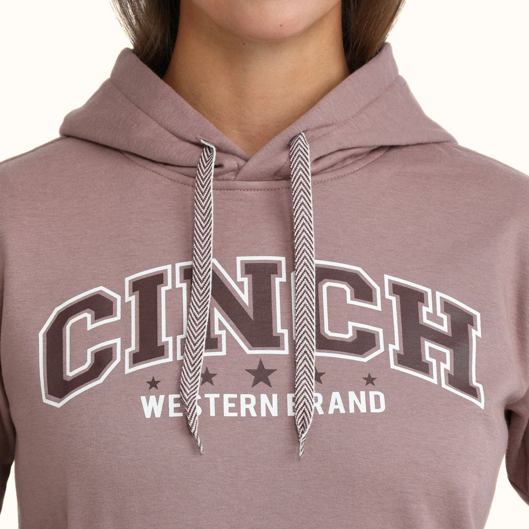 Cinch mauve pullover hoodie front close-up view