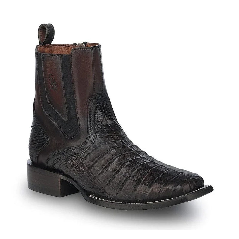 Brown Caiman Zipper & Elastic Square Toe