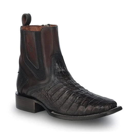 Brown Caiman Zipper & Elastic Square Toe
