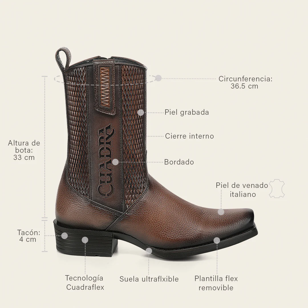Cuadra Men’s Honey Deer Embroidery and Lazer Narrow Square Toe Boot side view in honey brown leather with dimensions