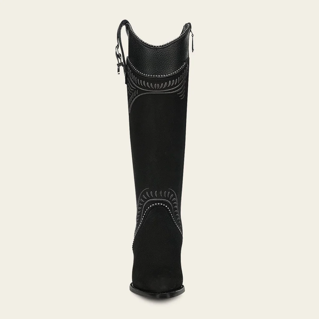 Front view of Cuadra Black Embroider Zipper Round Toe Boot for women