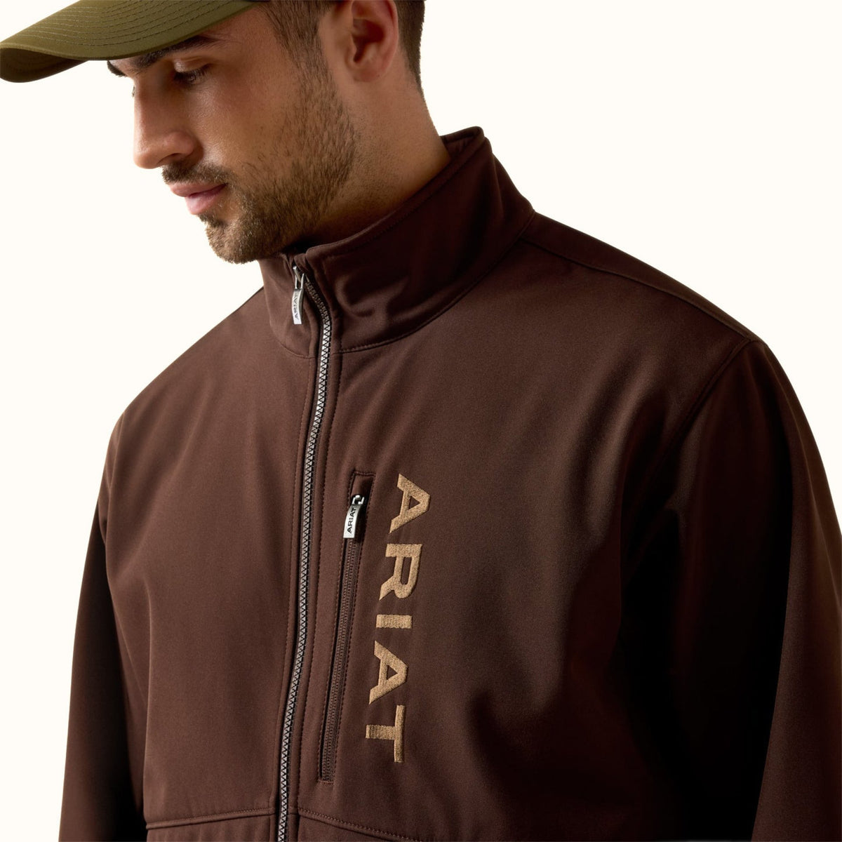 Ariat Chest Logo Softshell Jacket in brown front up-close view