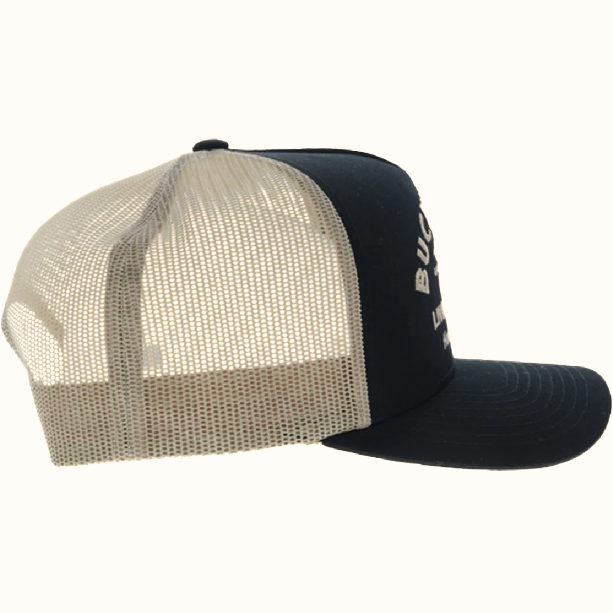 Hooey Buckin’ Hard black and tan 5-panel trucker hat side view
