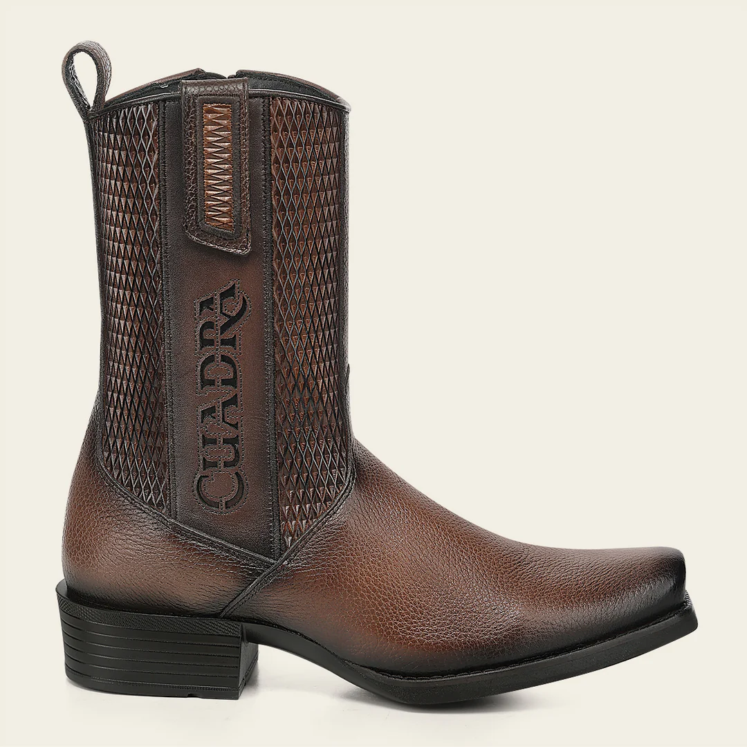 Cuadra Men’s Honey Deer Embroidery and Lazer Narrow Square Toe Boot opposite side view in honey brown leather