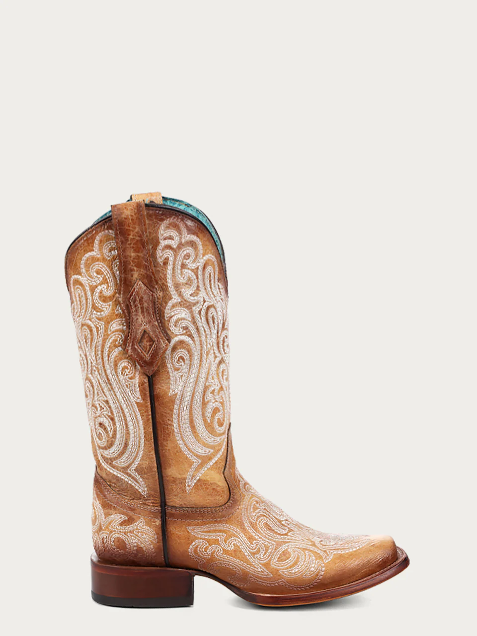 Side profile view of Corral Blue Luminescent Embroidery Straw Square Toe Cowboy Boots