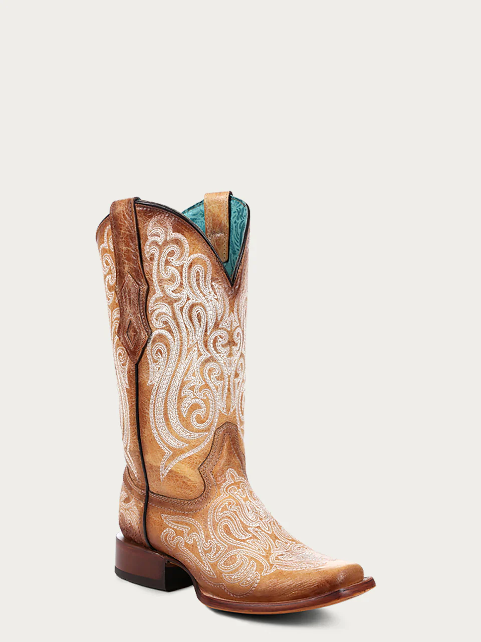 Front angled view of Corral Blue Luminescent Embroidery Straw Square Toe Cowboy Boots