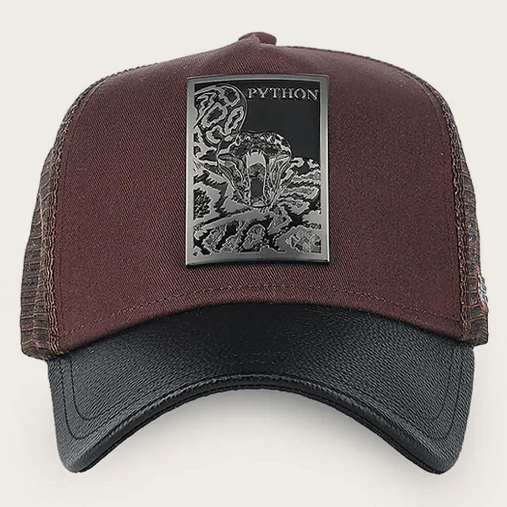 Dark Brown Python Metal Patch Leather Cap