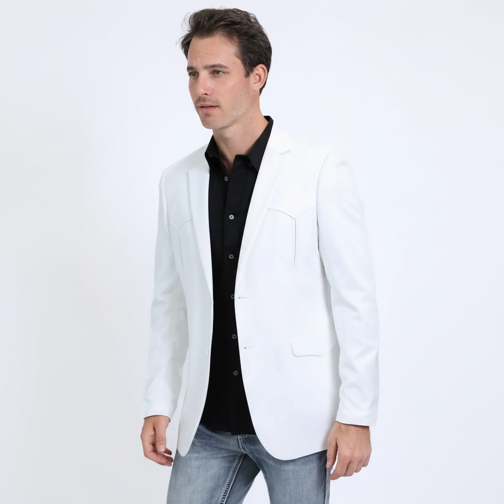 Front angled view of Platini Men’s Double Button Western White Blazer
