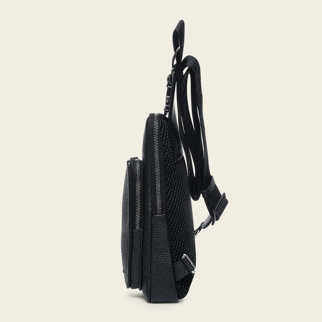 Side profile of Cuadra Black Stingray Zipper Bag showing slim crossbody shape