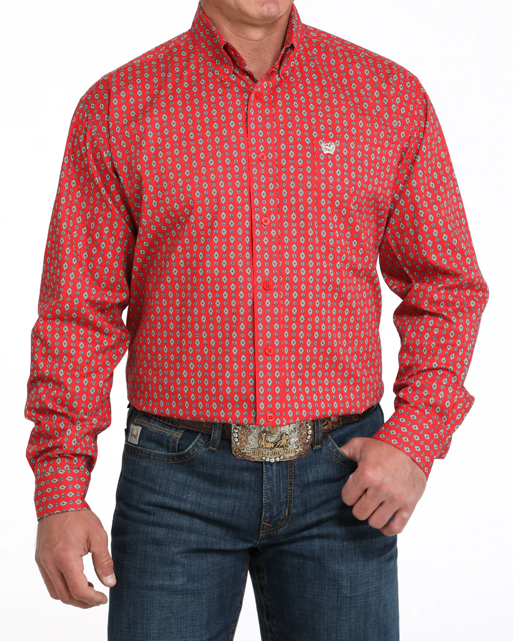 Cinch Men’s Stretch Classic Fit Button-Down Western Shirt in red print front view