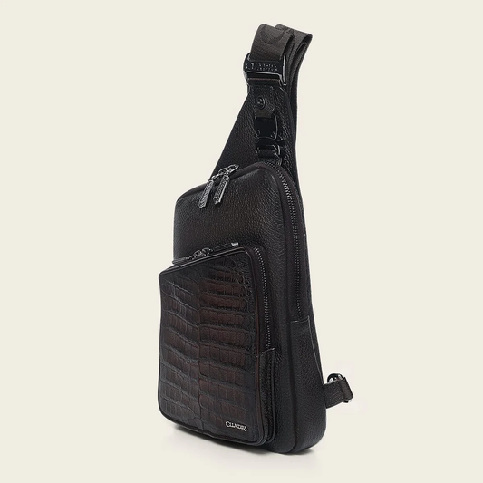 Cuadra Men’s Chocolate Caiman Zipper Bag angled side view with strap