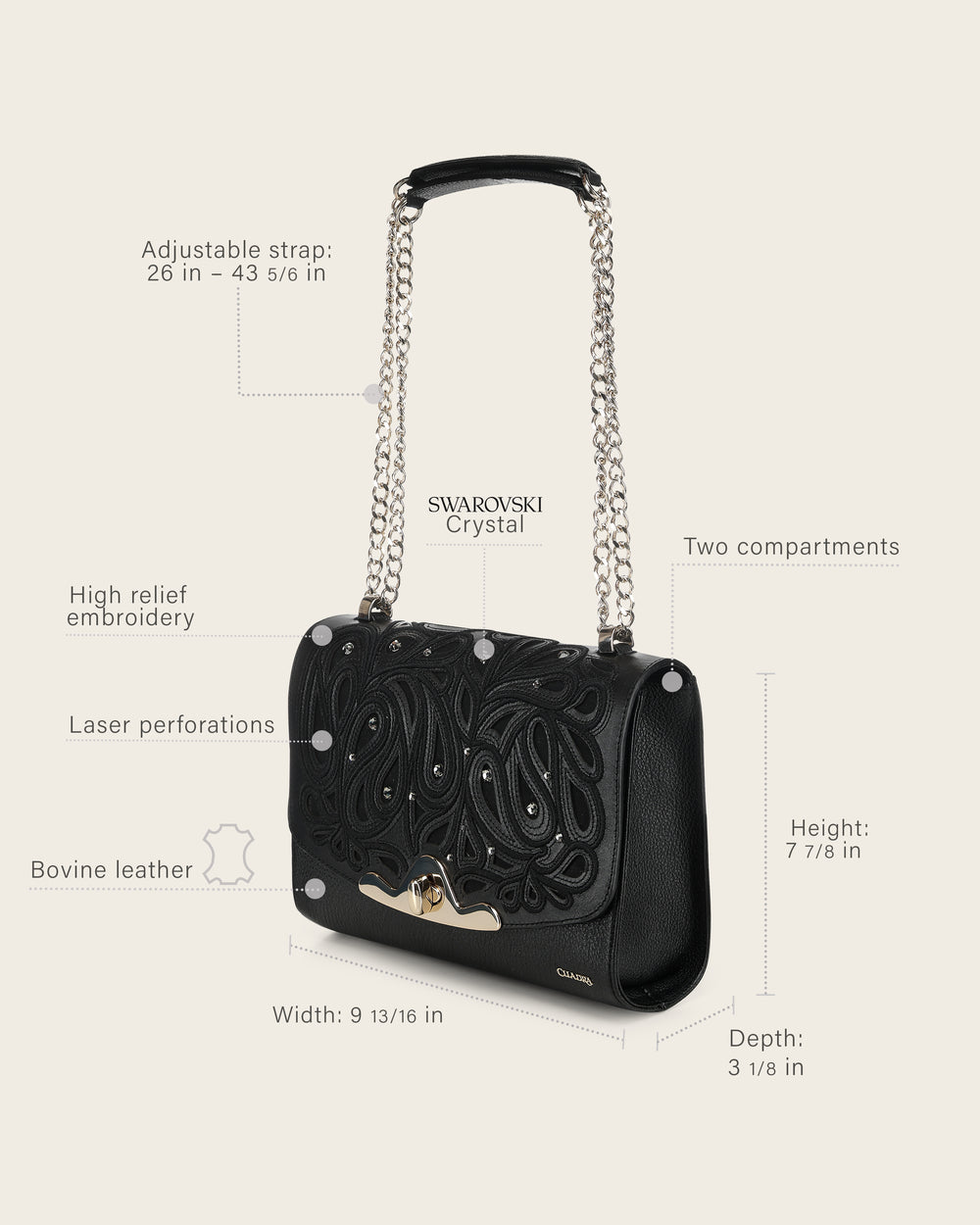 Cuadra Black Leather Crystal Shoulder Bag angled front view with dimensions
