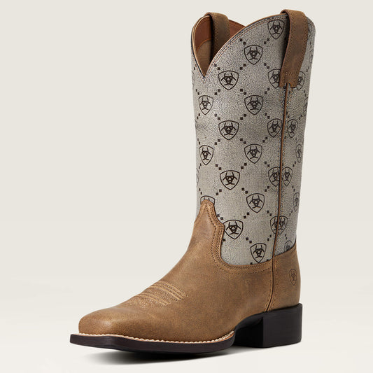 Ariat Women’s Brown Round Up Wide Square Toe Western Boot angled side view
