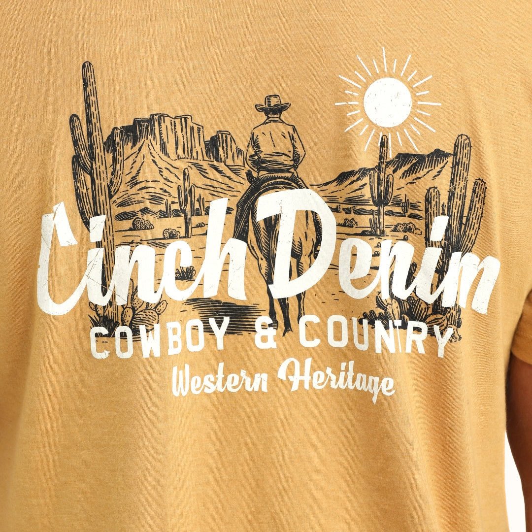 Cinch Men’s Denim Graphic T-Shirt in gold back graphic view