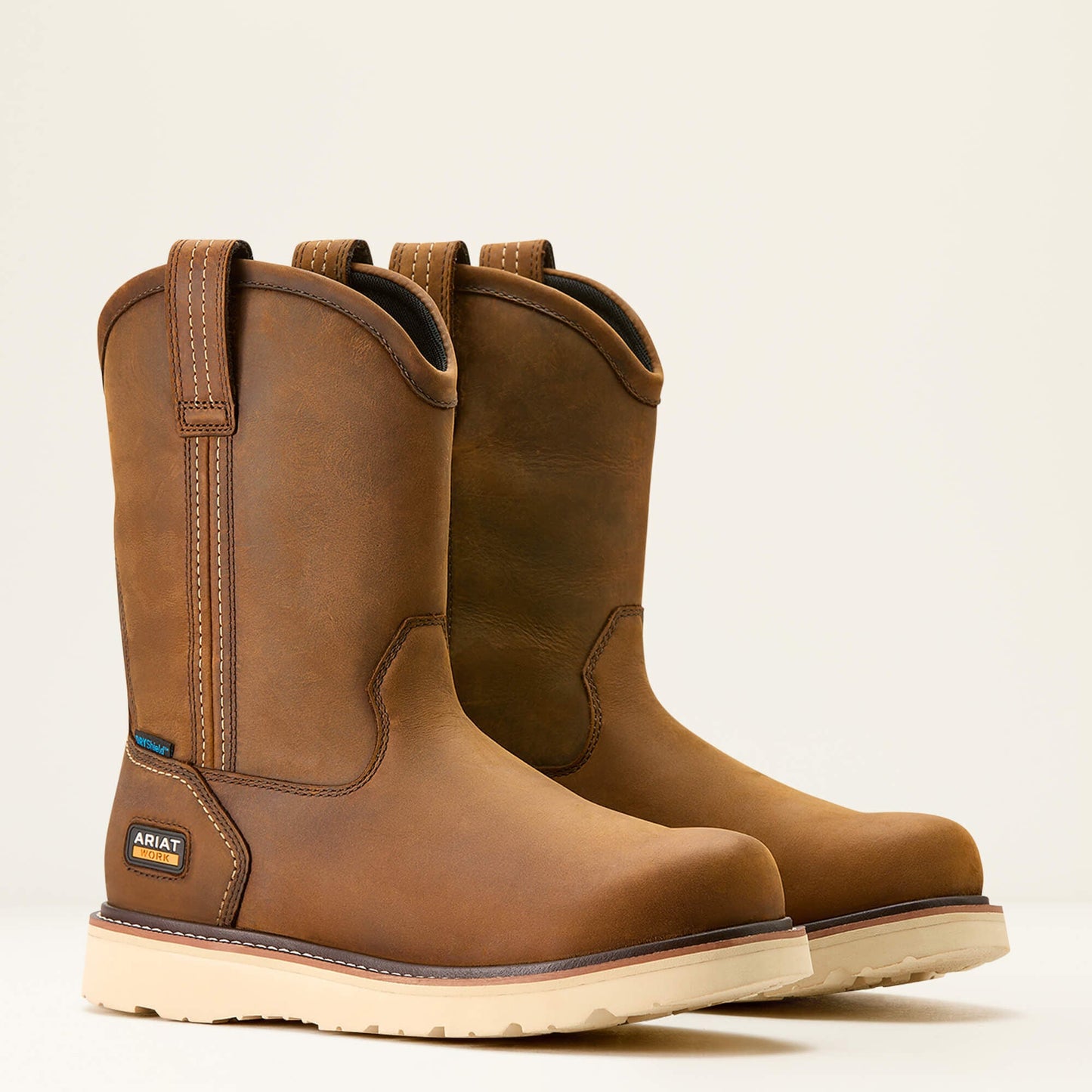 Ariat Rebar Wedge Pull-On Waterproof Work Boot side profile in brown leather