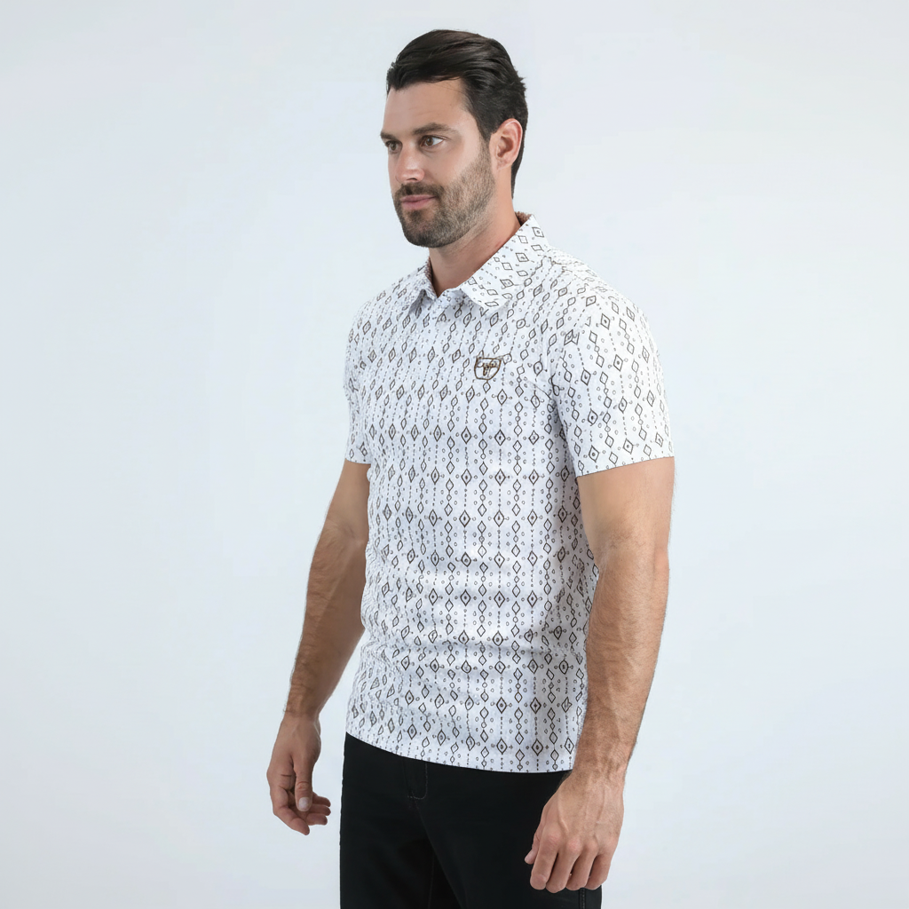 Platini Men’s Performance Fabric Modern Fit Stretch Aztec Print White Polo angle view
