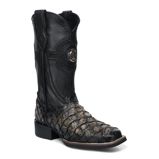 Black & Orix Pirarucu Studs & Embroidery & Woven Square Toe