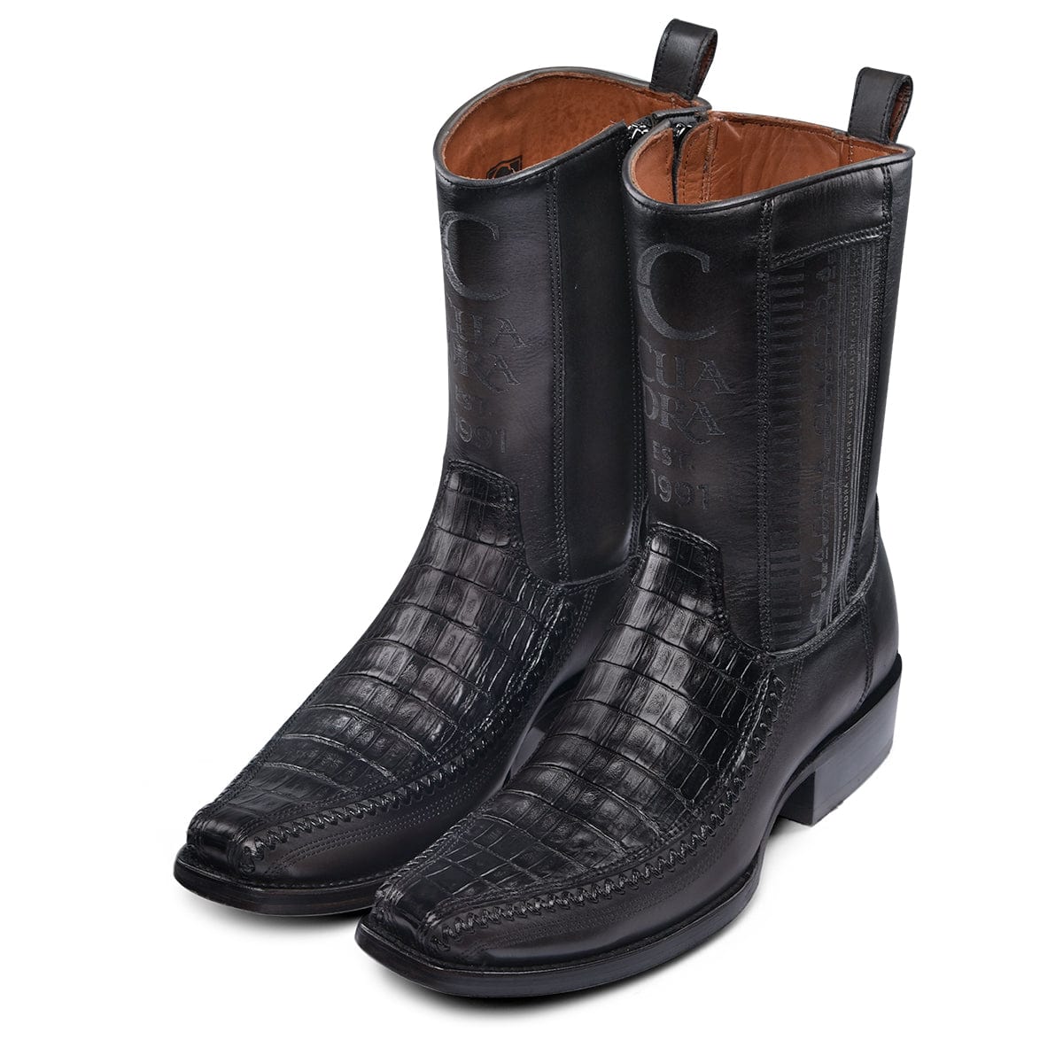 Pair of Cuadra Plunge Black Caiman Laser & Woven Narrow Square Toe Boots
