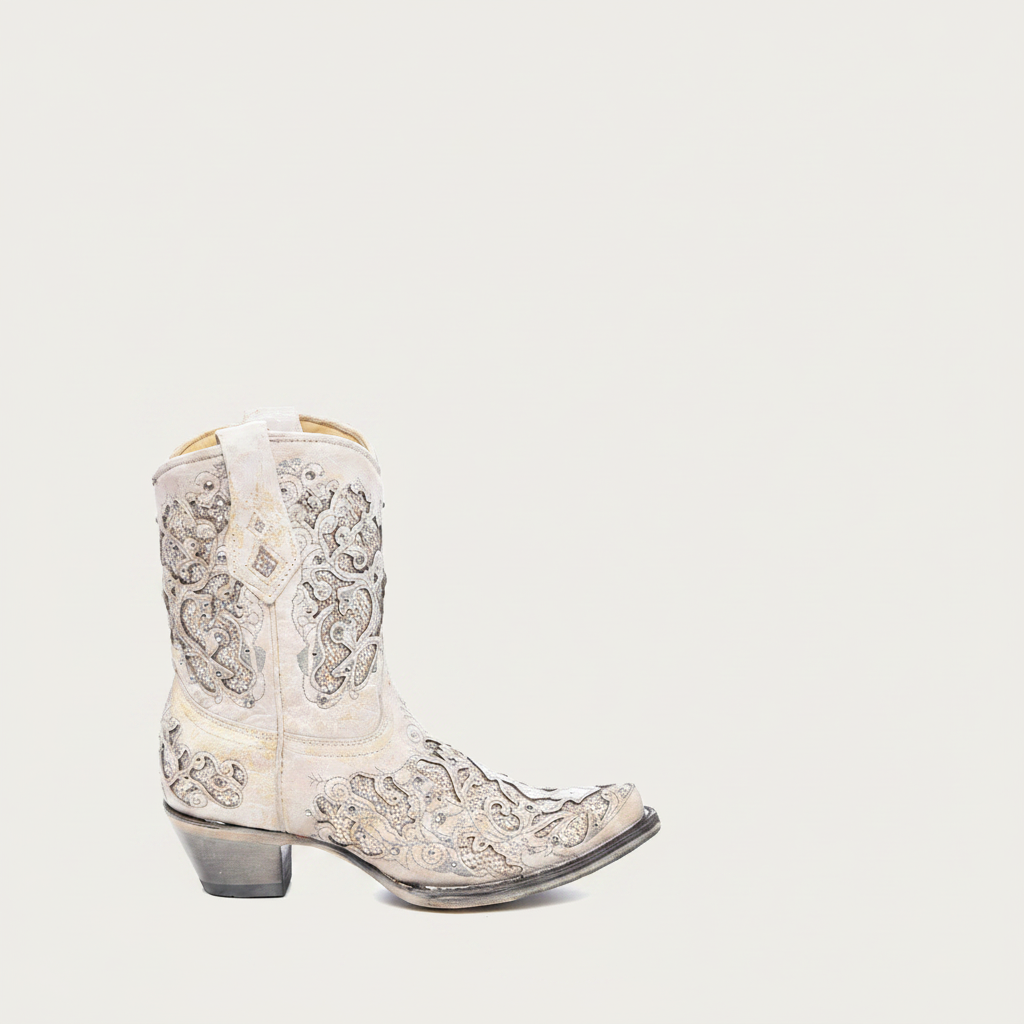 Side profile of Corral white wedding cowboy bootie with crystal detailing