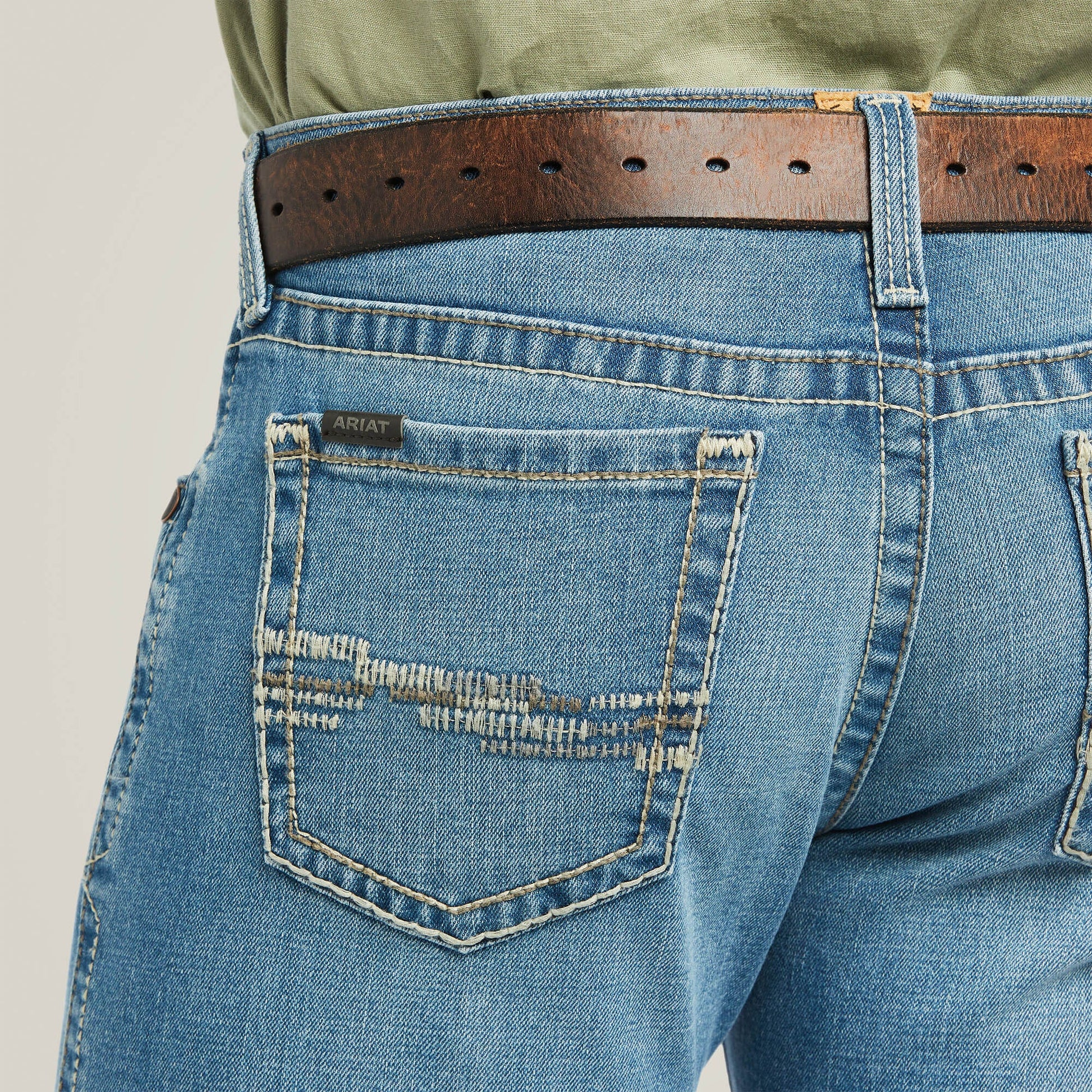 Close-up back pocket stitching on Ariat M7 Slim Stretch Julian Straight Jean