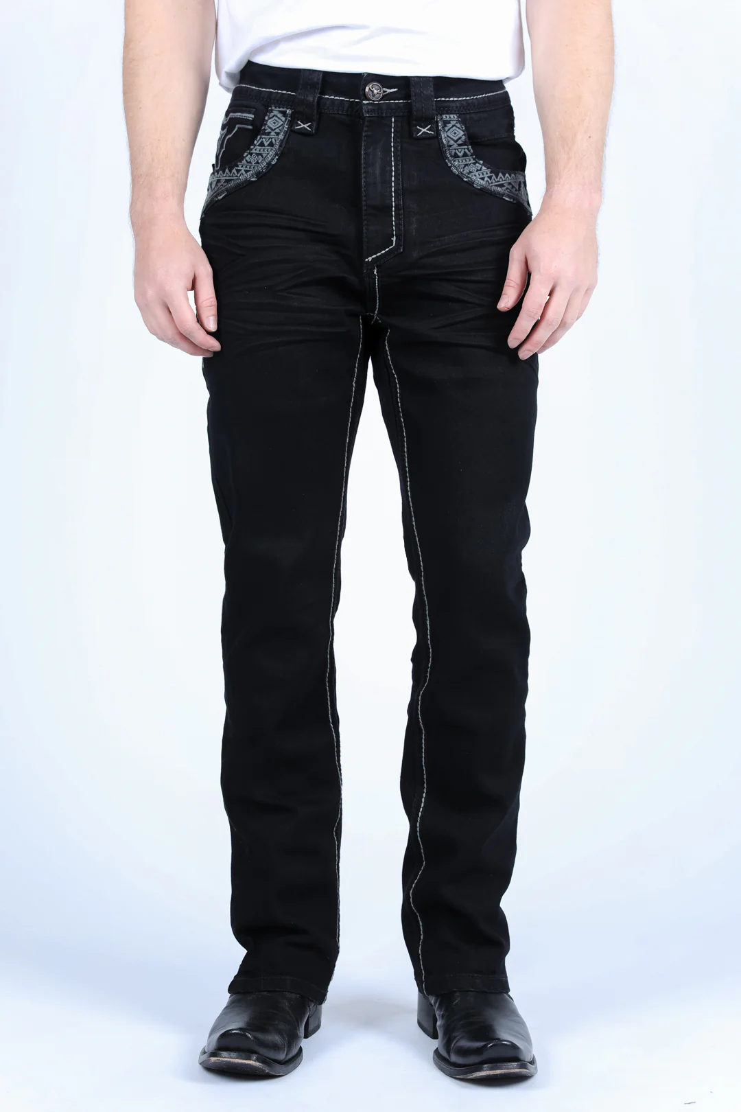 Platini Holt men’s black slim boot cut jeans full-length front view