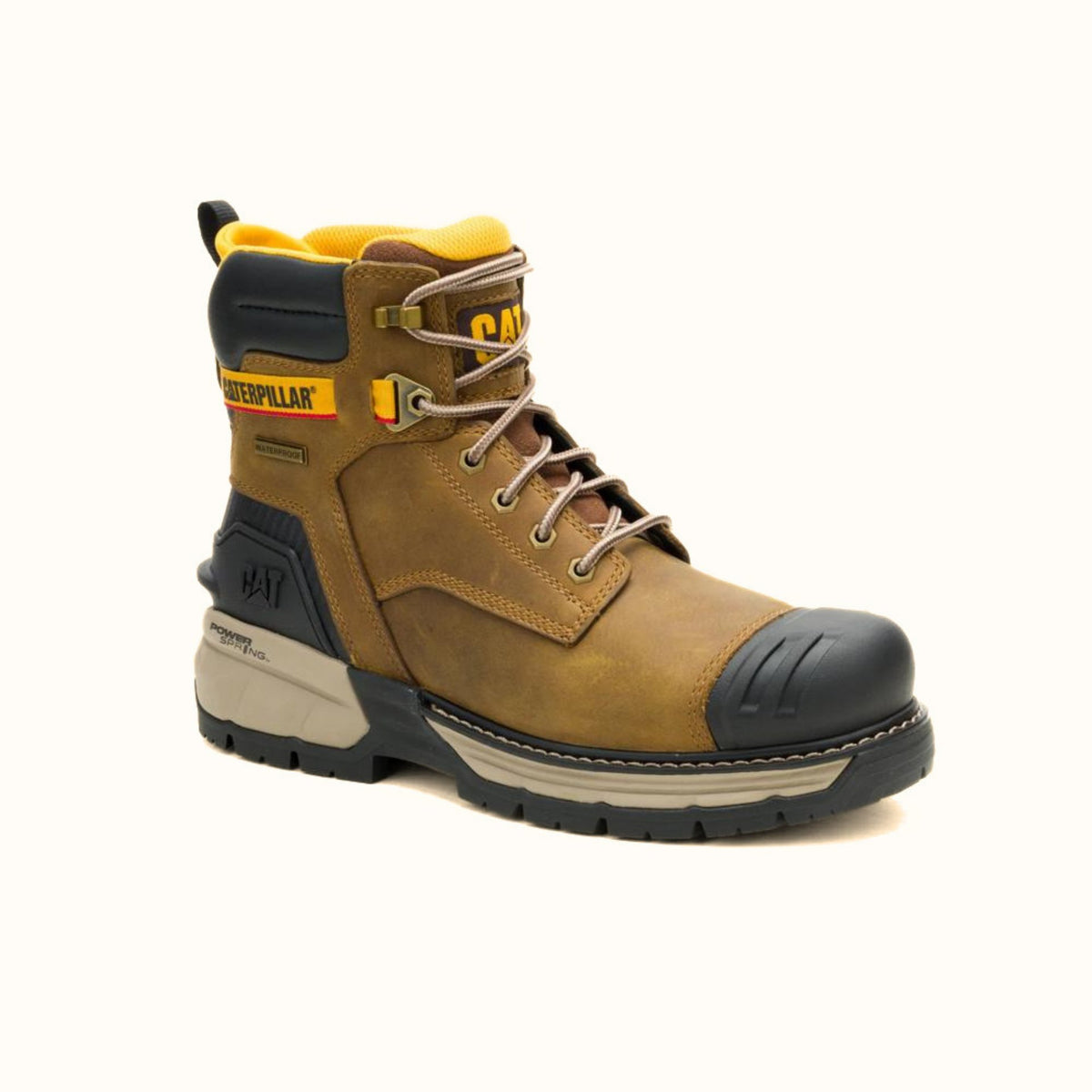 CAT Excavator PowerSpring 6-inch brown waterproof composite toe work boot angle view
