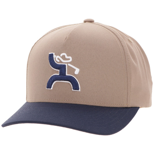 Hooey Classic Tan Blue Golf Logo Hat front angled view in tan and navy with embroidered logo