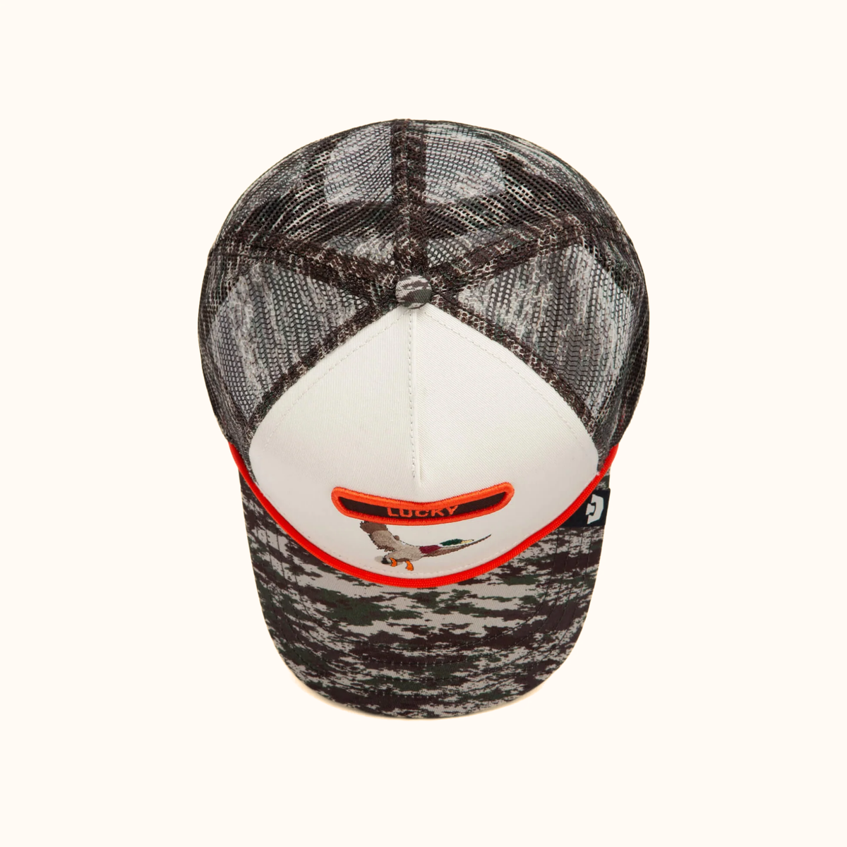 Goorin Bros. Camo Rocker Duck trucker hat top view