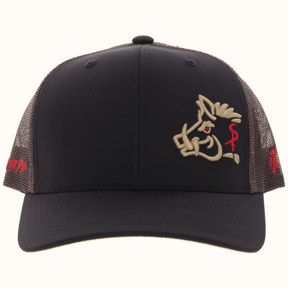 Hooey Sniper Pig black and brown snapback hat front view