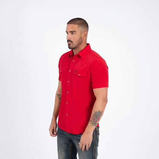 Platini Men’s Performance Western Short Sleeve Red Shirt side view on model