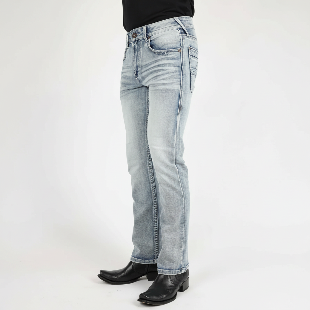 Platini Holt men’s light blue boot cut jeans angled profile