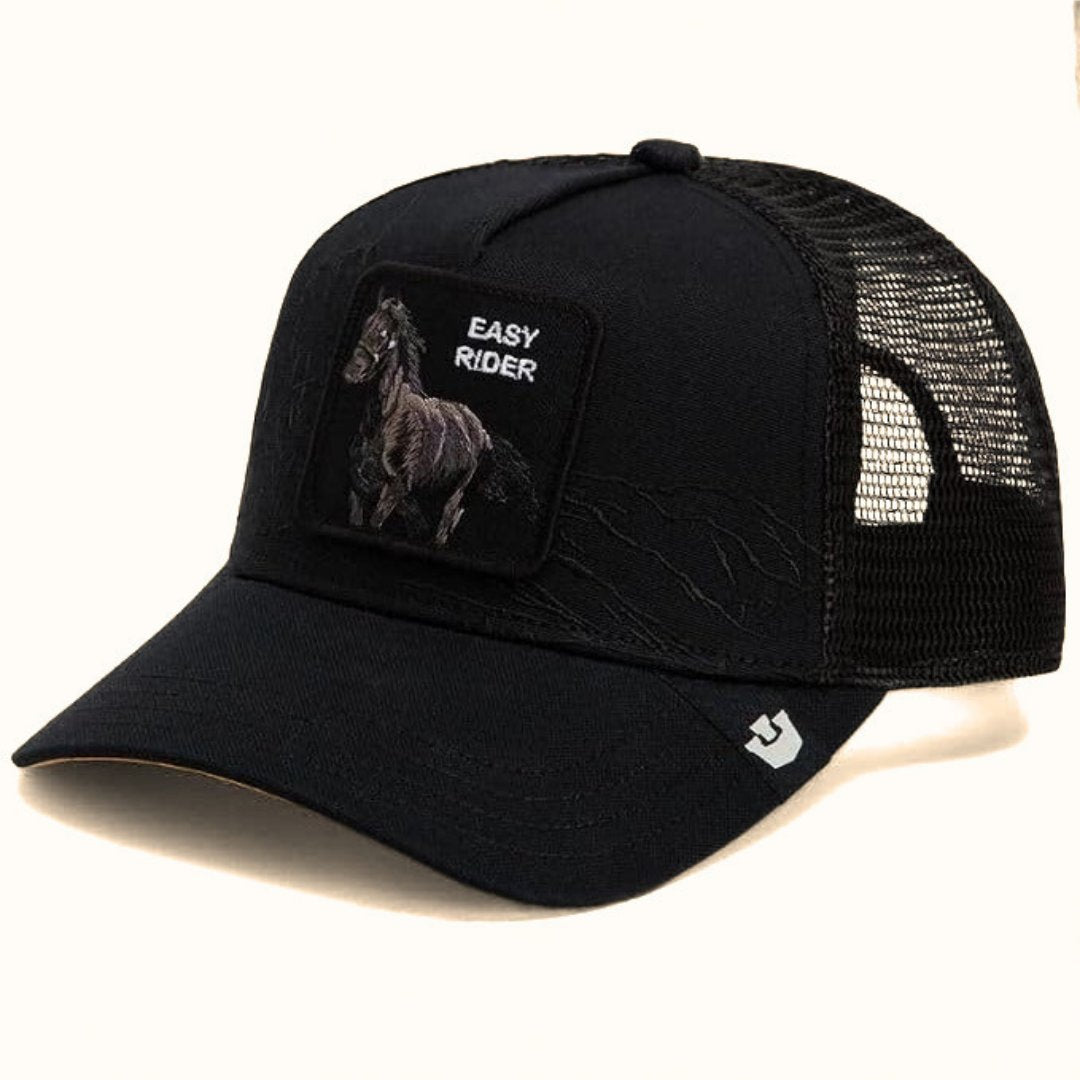 Goorin Badlands Stallion black trucker hat front angled view