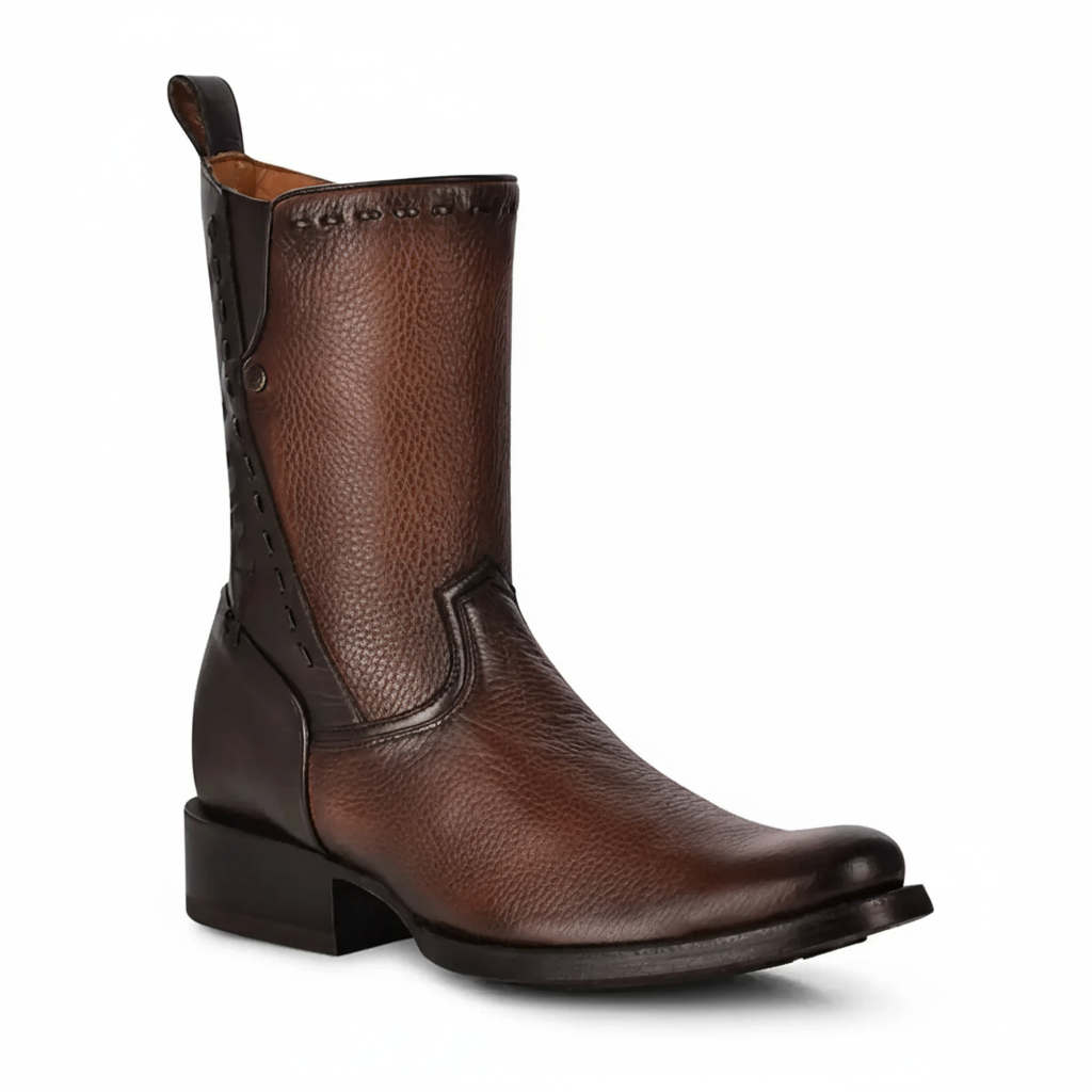 Front angled view of Cuadra Maple Deer Laser & Woven Round Boot in brown