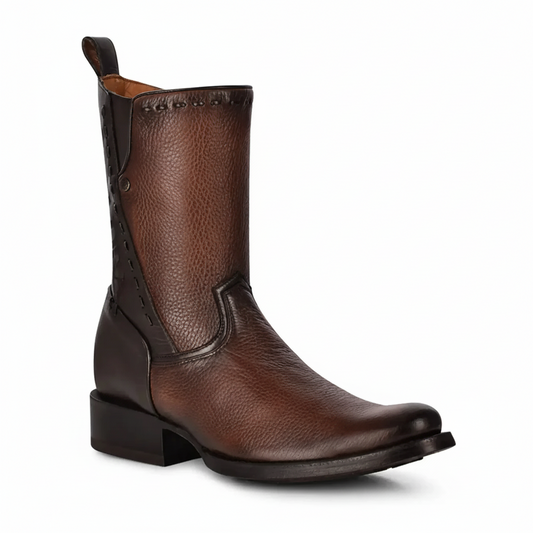 Front angled view of Cuadra Maple Deer Laser & Woven Round Boot in brown